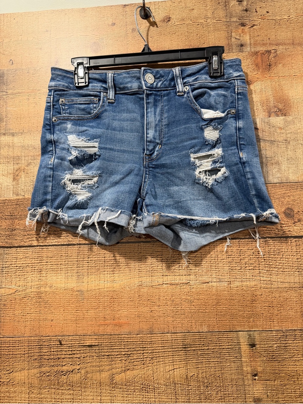 American Eagle Blue Distressed Rolled-Hem Denim Next Level Stretch Shorts Sz 10
